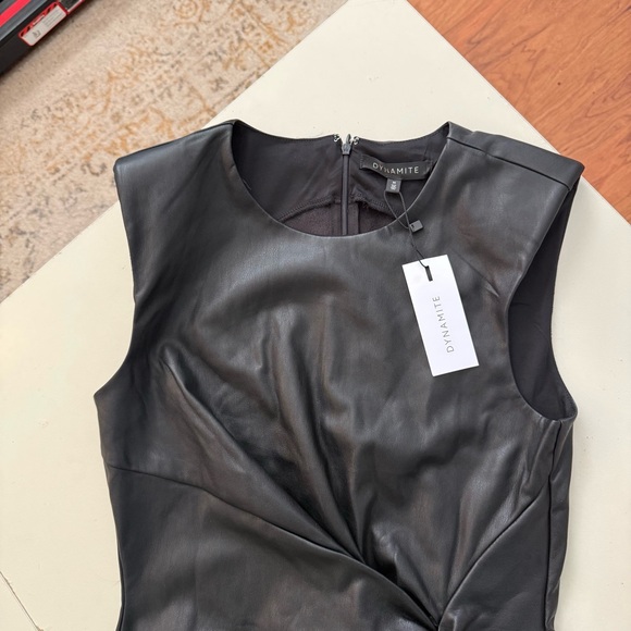 Dynamite NWT Baddie Black Faux Leather Twist Front Mini Dress Edgy Moto Grunge - Picture 4 of 6